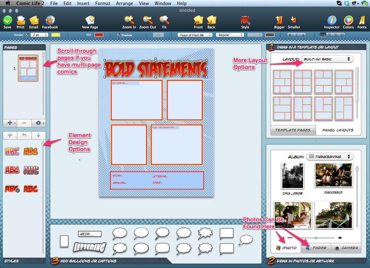 Accessing Template Features in Comic Life 2