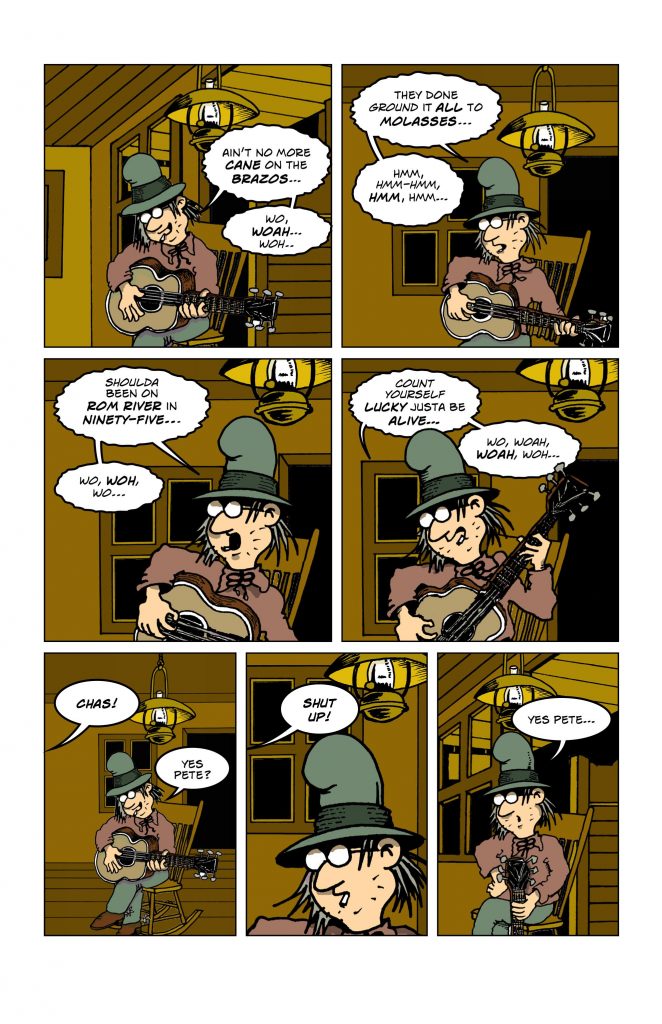 "This page is from my Buffalo Bill Amos Rides Again webcomic. The backgrounds were drawn in ink on paper and coloured digitally and then cut out using the instant-alpha tool in comic life. The windows and doors were cut out too so they’d show things outside. For this scene though I simply set the background fill colour in Comic Life to black to get the nighttime effect, which allowed for some nice lighting differences I could pull along some of the surfaces, particularly on the outside porch. The good thing is I’ll be able to use the backgrounds again, perhaps with whole scenes in a farther  background layer showing an outside street-scene perhaps during a future daytime sequence. The oil lamp in each of the panels is exactly the same cut-out drawing every time; I just re-sized and repositioned it with Comic Life as I composed each scene. That’s a really good and intuitive feature of the software and it enables you to compose within the page itself and get things in balance with the word balloons and characters. Very helpful (and endlessly variable…) Similarly the rocking chair is the same cut-out picture in each panel - I just re-sized it and moved it on the layer behind my cartoon character (my friend Chas) to make it look as if he was sitting on it. Each picture is thus constructed of six or seven layers." - Steve Bee 